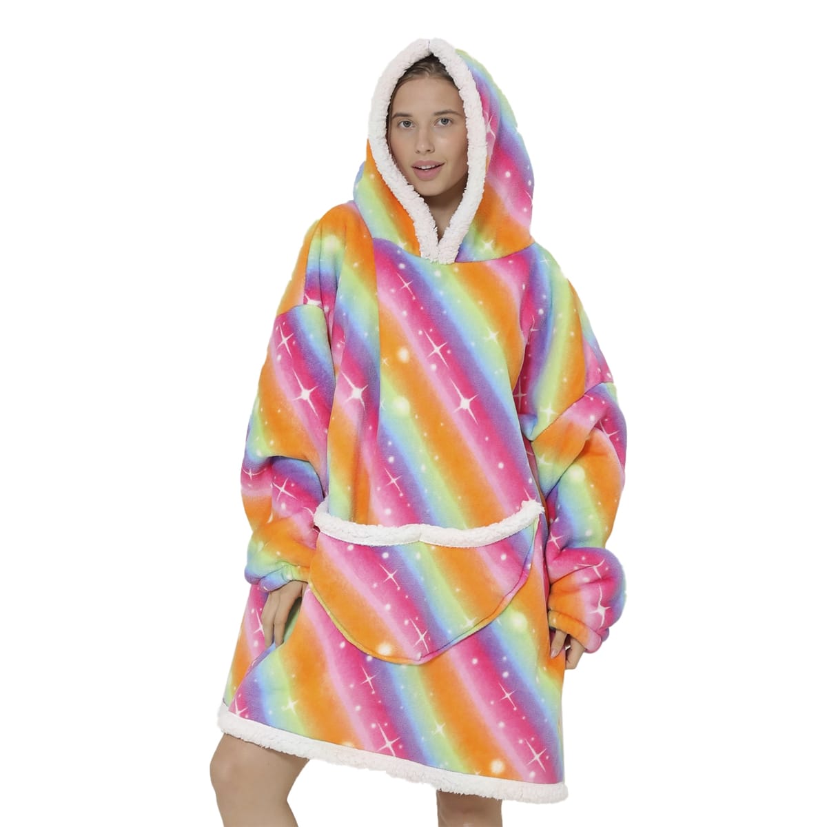 Pijama De Mujer Buzo Con Capucha Manta Corderito Oversize Estrella Arcoiris Naranja