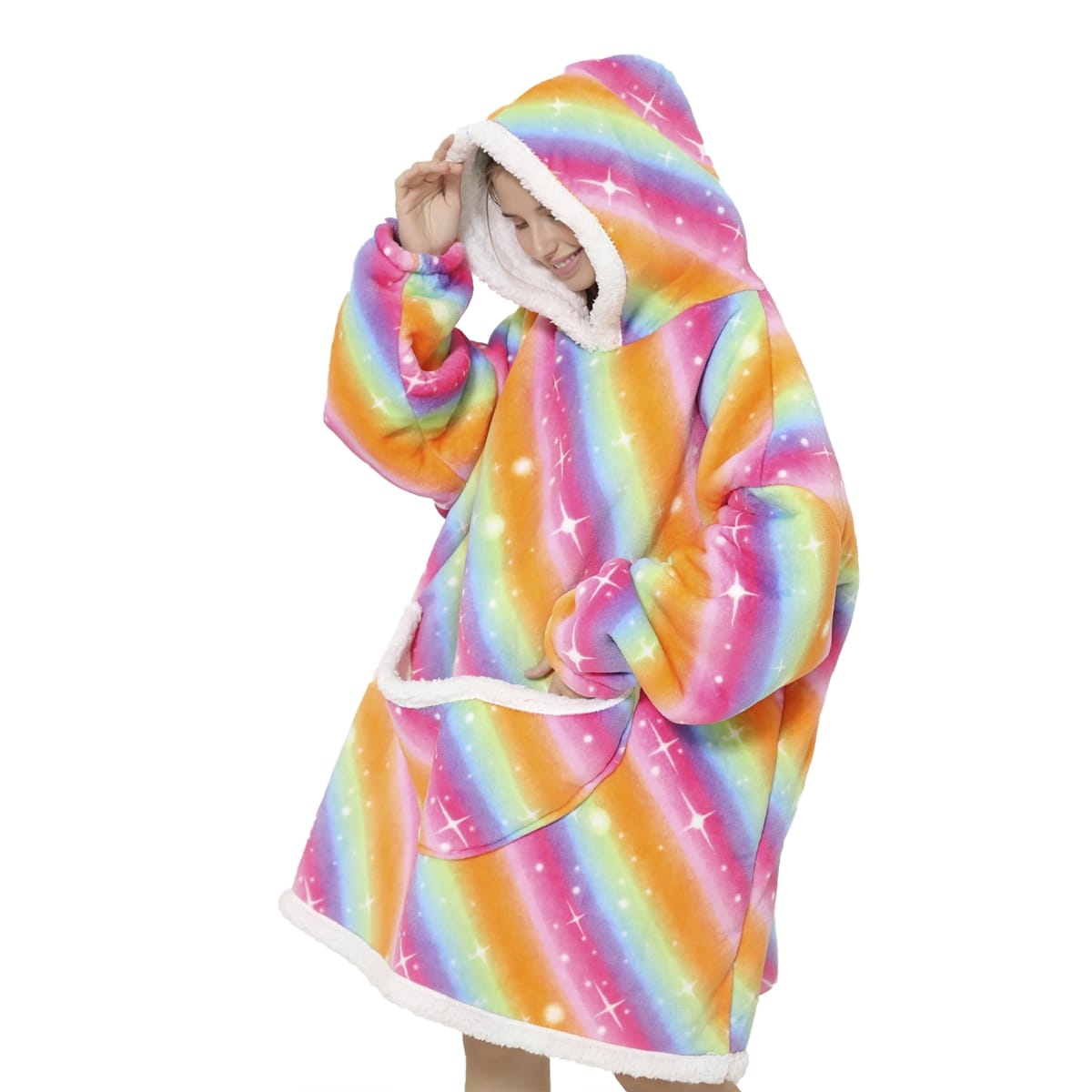 Pijama De Mujer Buzo Con Capucha Manta Corderito Oversize Estrella Arcoiris Naranja - Imagen 3