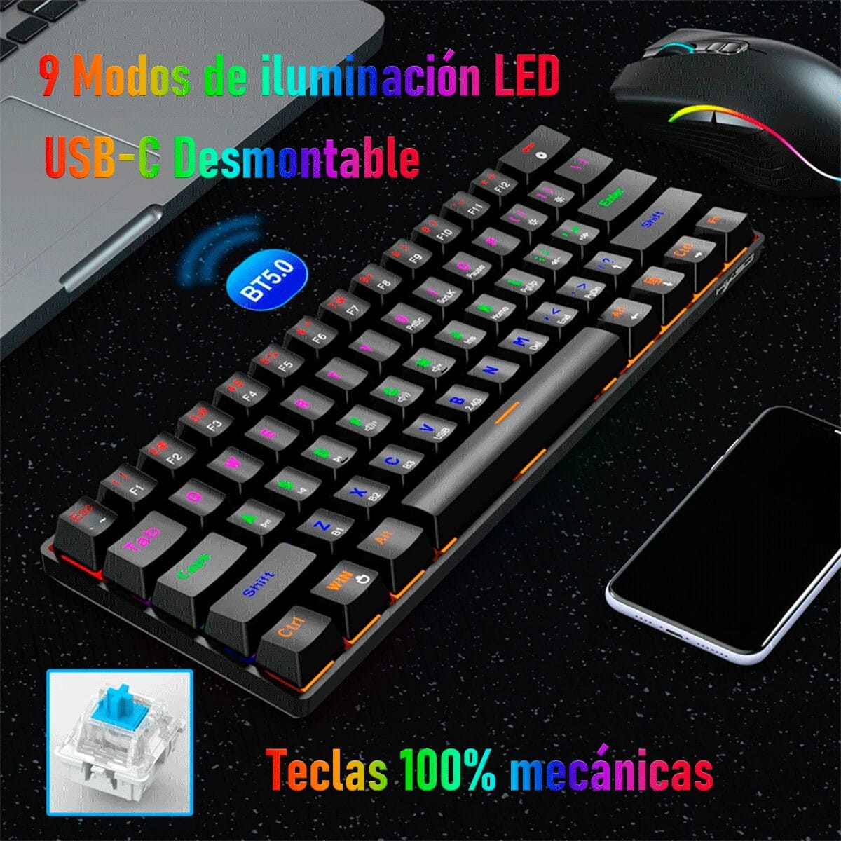 Teclado Gamer Mecánico Compacto Dominate 60% Español Switch Blue Usb Con Retroiluminación RGB - Imagen 2